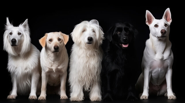 sitting trained dogs of different breeds on a black background generative ai
