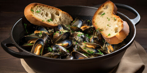 sea mussels with garlic croutons and herbs generative ai