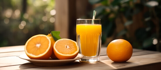 glass orange juice on table, fresh citrus summer drink panorama generative ai