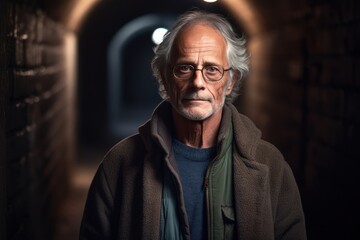 Portrait of an elderly man in a dark tunnel. Looking at camera.
