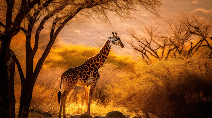 Beautiful giraffe next to a tree with golden light