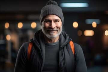 Portrait of a middle-aged man with a gray beard in a black sweater and a gray cap in the gym