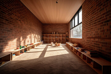 Minimalist playroom All brick material palette. Centered perspective. Interior Design