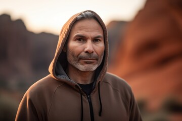 Handsome middle-aged man wearing hooded sweatshirt in Valley of Fire State Park, Nevada