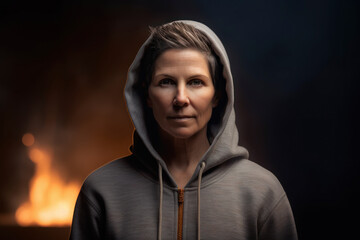 Woman in a hood on a black background with a fire in the background