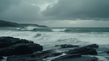 Fototapeta na wymiar raging ocean waves in cloudy weather, stormy sea generative ai