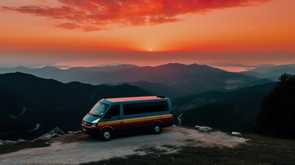 Fototapeta na wymiar Van painted in LGBT colors on a mountain watching the sunset