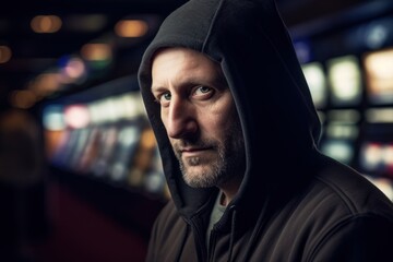 Portrait of a man in a hooded sweatshirt, looking at the camera.