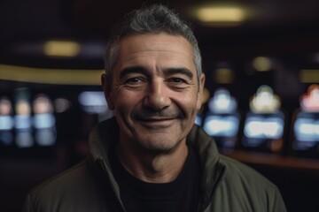 Portrait of smiling mature man in casino, shallow depth of field