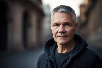 Obraz premium Portrait of a middle-aged man with gray hair in the city.