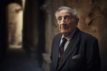 Portrait of an old man in a dark room, looking at the camera