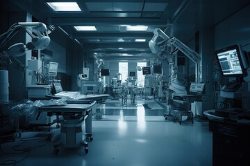 Operating room, with the robotic medical instruments in the foreground and the medical team in the background. Advanced medical equipment used in robotic medical. Generative AI.