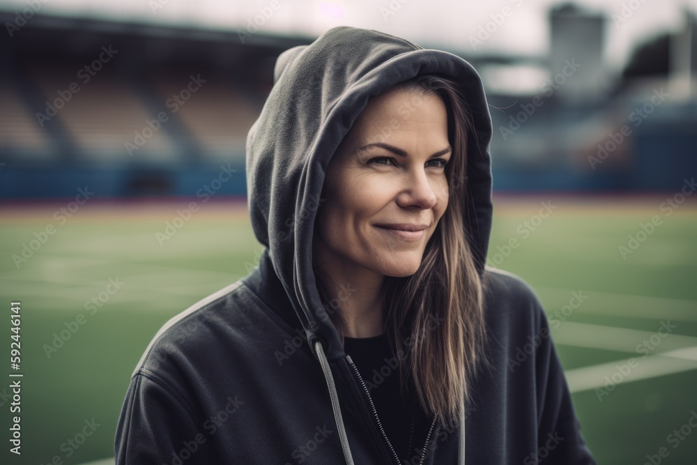 Wall mural portrait of a young woman in a hoodie on the stadium