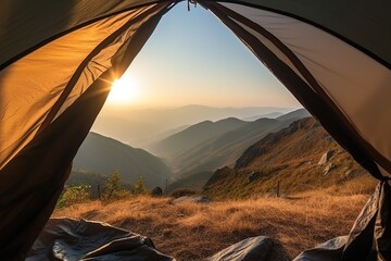 Camping on the top of the mountain with beautiful panorama at sunrise light view from a tent. Generative AI