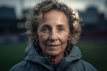 Portrait of an elderly woman in a blue jacket on the football field