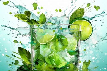 Fototapeta na wymiar Mojito with round water splash. Ice cubes, mint leaves, and lime. Citrus fruit juice, lime slices, and peppermint leaves in a mojito drink believable . Generative AI