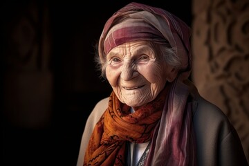 Portrait of an elderly woman with a scarf on her head.