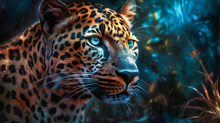 A leopard in a forest with bright blue eyes