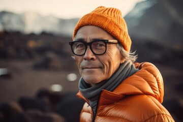 Portrait of senior man with eyeglasses in orange jacket.