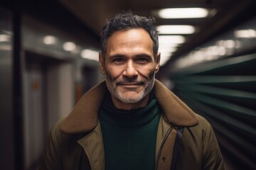 Portrait of a handsome mature man in a subway station, looking at the camera.