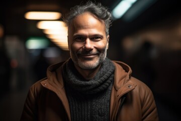 Fototapeta premium Portrait of a handsome middle-aged man in a brown jacket and gray scarf.