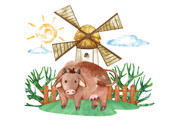 Naklejka premium Cute Farm Watercolor, Farm animals Nursery Decor, Cute Farm illustration, Watercolor animals illustration, Farm Animals, Children Books, Greeting Cards, Clipart For Kids.