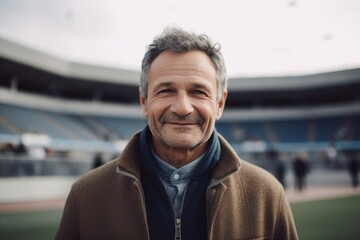 Portrait of smiling senior man looking at camera while standing in stadium