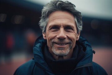 Portrait of smiling mature man in sportswear standing outdoors.