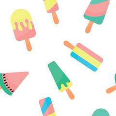 Ice cream seamless pattern. Summer vacation with popsicles, different types of ice cream on a stick. cartoon sweet food vector texture