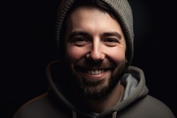 Portrait of a smiling young man in a gray hoodie on a black background