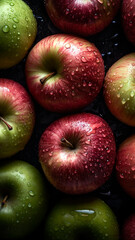 Fresh Apple seamless background, adorned with glistening droplets of water. Top down view