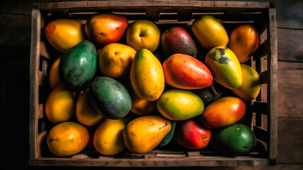 Top view of mangoes in form in wooden cage