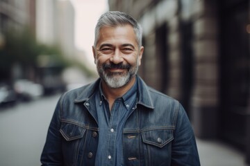 Obraz premium Portrait of a handsome middle-aged man in a denim jacket