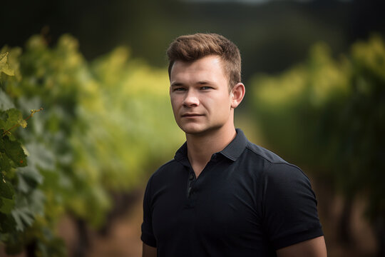 Portrait of a young handsome man in a black polo shirt standing in a vineyard.