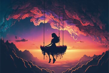 Mysterious woman sitting on swing in surreal sunset sky Fantasy concept , Illustration painting. Generative AI