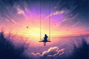 Mysterious woman sitting on swing in surreal sunset sky Fantasy concept , Illustration painting. Generative AI