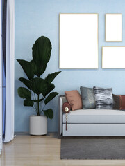 modern bright interiors apartment with three mockup poster frames. AI Generative