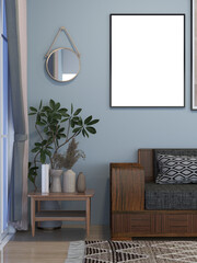 Mockup poster frame in the interior background, sofa, coffee table, and tree. AI Generative