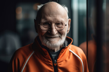 Portrait of senior man in orange hoodie and glasses looking at camera