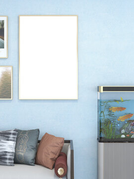 mockup poster frame in the blue interior background with a fish tank. AI Generative
