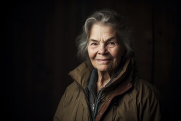 Fototapeta na wymiar Group portrait photography of a satisfied woman in her 70s wearing a warm parka against a rustic wooden background. Generative AI