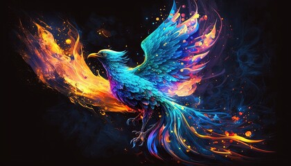 blue flame phoenix in galaxy background by ai generative - obrazy, fototapety, plakaty