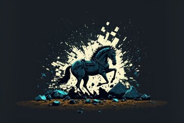 Man riding fragmented horse beneath the moon Fantasy concept , Illustration painting. Generative AI