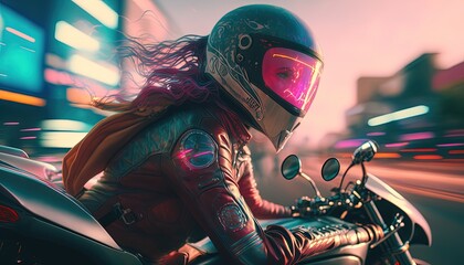 cyberpunk light motorcycle , futuristic motorbike on a retrowave landscape by ai generative 