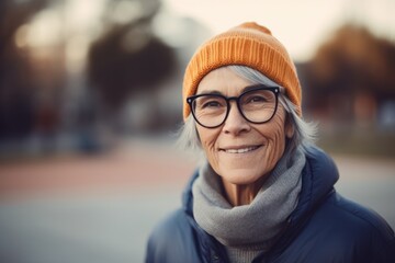 Portrait of smiling senior woman with eyeglasses in the city