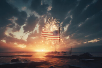 American flag on background of fireworks on beach at sunset, created with Generative AI
