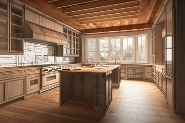 4K Wood Custom Kitchen Blueprint Drawing Transitioning to Construction Framing to Completed Build. Generative AI