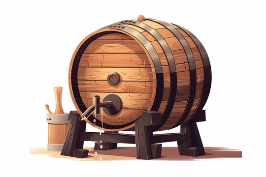Oak wooden barrel with tap for bottling wine or beer. Brewery, winery concept. Generative AI, illustration
