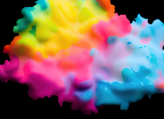 Fluid motion flow explosion .Curved wave colorful pattern with paint drops on black background.AI