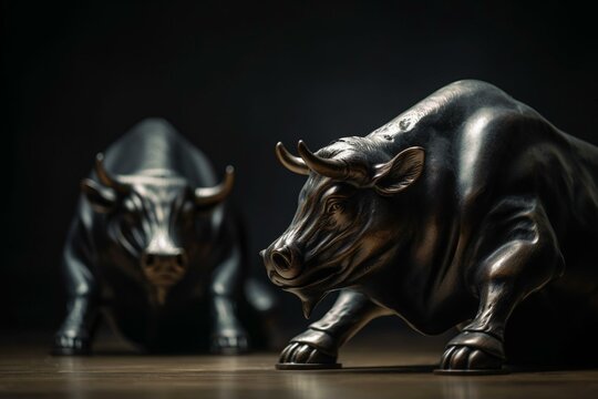 Dark iron bull and bear statuettes - stock market concept. Generative AI